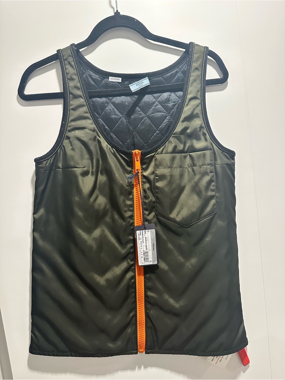 Prada Olive Green Quilted Tank Top with Orange Zipper